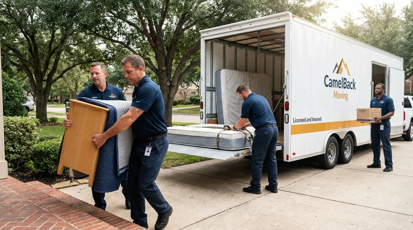 Crew loading residential truck for cross-state move from Columbia City, OR