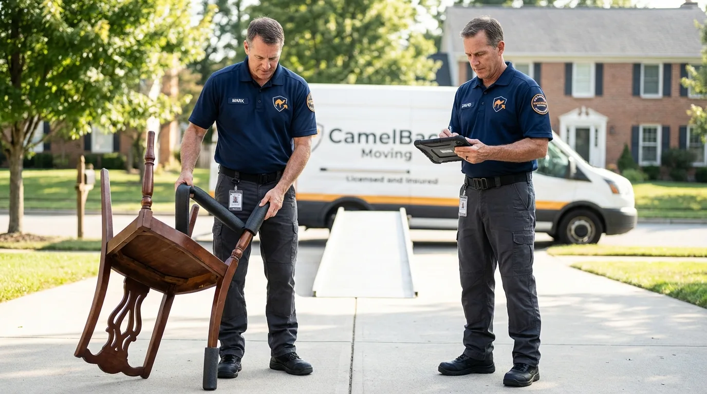 Movers inspecting furniture for damage prevention before loading in Columbia City, OR