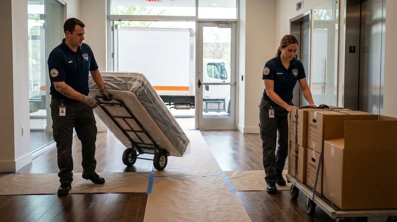 Professional apartment movers loading elevator in Columbia City, OR