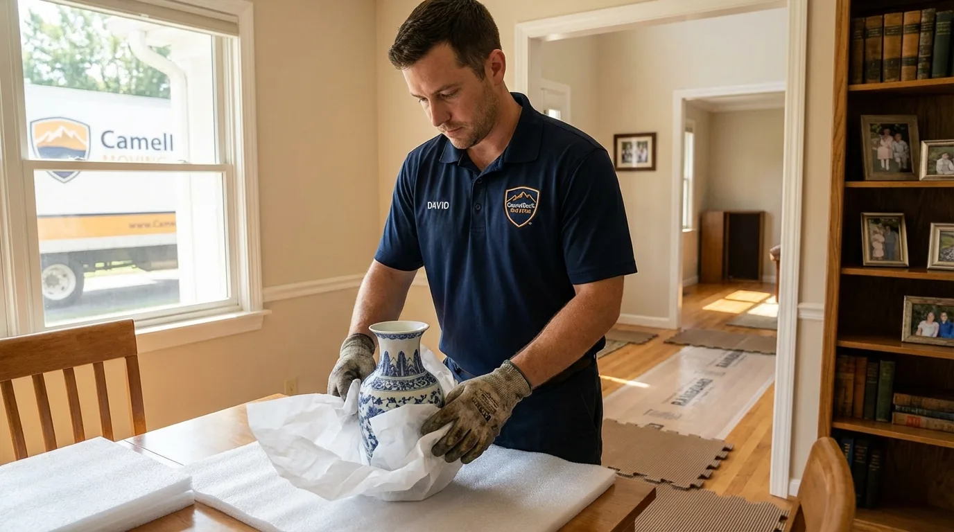 Professional crew carefully wrapping antique vase for senior downsizing move in Columbia City, OR